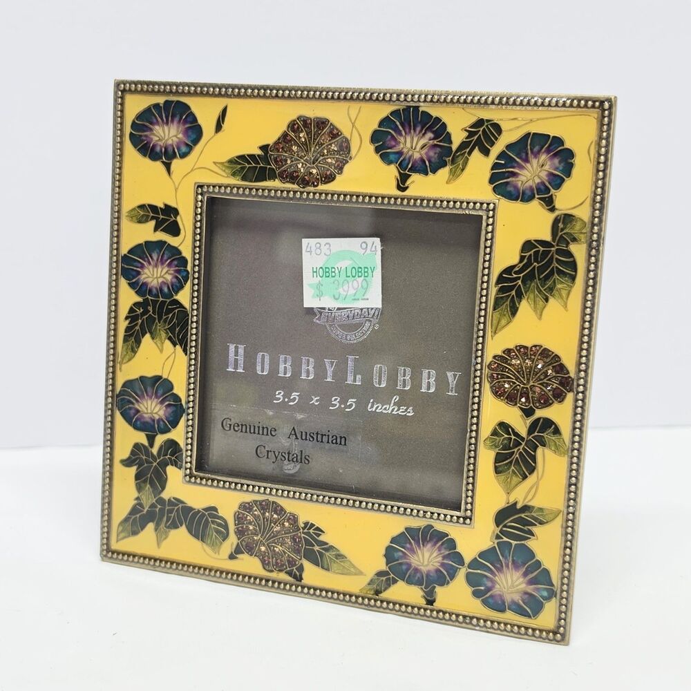 Vintage Hobby Lobby Cloisonne Enamel Yellow Floral Picture Frame With Crystals